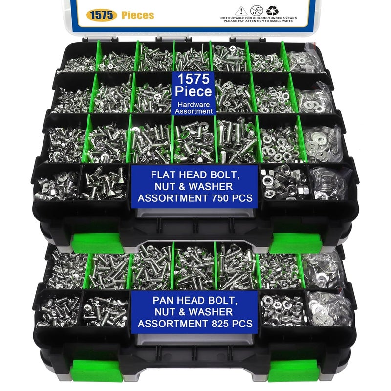 BUSY-CORNER 1575 PCS Nuts and Bolts Assortment Kit, Stainless Steel Phillips Pan Head & Flat Head Screws, Assorted Nuts Bolts Washers with Green Double Sided Organizer Box - Image 1